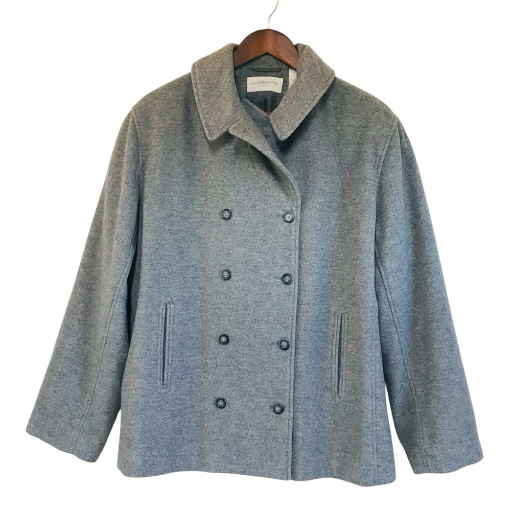 LIZ CLAIBORNE Gray Wool Cashmere Peacoat Jacket Size XL Double Breasted‎ Winter